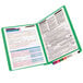 A Smead green Shelf-Master fastener folder with a document inside.