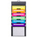 A grey Smead cascading wall organizer with colorful folders inside.