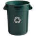 A dark green Rubbermaid BRUTE recycling can with a recycle symbol on it.