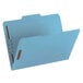 A blue file folder with 2 fasteners on the side.