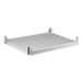 A white metal shelf with metal slats.