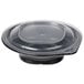 A black plastic Fabri-Kal side dish bowl with a lid.