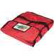 A red American Metalcraft pizza delivery bag with black straps.