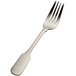 A close-up of the silver handle of a Bon Chef Liberty stainless steel salad/dessert fork.