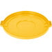 A yellow plastic lid for a Carlisle 55 gallon round trash can.