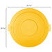 A yellow plastic lid for a Carlisle Bronco 55 gallon trash can with measurements.