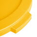 A close up of a yellow Carlisle Bronco trash can lid with a plastic handle.