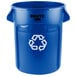 A blue Rubbermaid Brute recycling can with white recycle symbol.