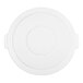 A white, flat, round plastic trash can lid designed for a 55-gallon container.