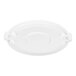 A white flat round plastic trash can lid designed for a 55-gallon container.