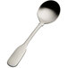 The handle of a Bon Chef Liberty stainless steel bouillon spoon.