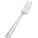 A close-up of a Bon Chef Julia stainless steel salad/dessert fork with a silver handle.