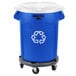 A blue Rubbermaid BRUTE recycling can with a white lid and dolly.