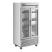 A True 2 section glass door reach-in refrigerator.