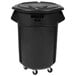 A black Rubbermaid BRUTE 55 gallon garbage can with wheels and a lid.