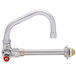A silver Fisher wall mounted pot filler faucet with a red lever handle.