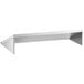 A white wall mounted shelf with a silver metal slanted rack on top.