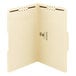 A close up of a Smead manila file folder with 2 fasteners.