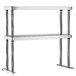 A stainless steel Eagle Group double deck overshelv with metal legs.