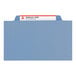 A blue Smead file folder with a white label.