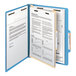 A Smead blue heavy weight classification folder with papers inside.