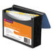 A black file folder with clear tabs and blue labels.