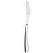 A close up of a silver Chef & Sommelier dessert knife with a solid handle.