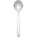 A silver spoon with a long handle.