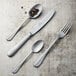 A Chef & Sommelier Renzo Patina stainless steel dessert spoon on a table.