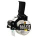 A clear roll of Duck Tape packaging tape with a black and white label on it in a black tape dispenser with a black handle.