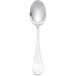 A silver spoon with a black handle on a white background.