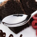 A Chef & Sommelier stainless steel dessert spoon next to a piece of chocolate cake.