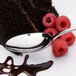 A Chef & Sommelier stainless steel dessert spoon on a plate with chocolate cake and raspberries.