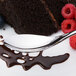 A Chef & Sommelier stainless steel dessert spoon on a plate with chocolate sauce and berries.