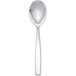 A silver spoon with a white handle on a white background.