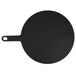 A black circular pizza paddle with a handle.