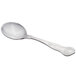 A close-up of a Libbey stainless steel bouillon spoon with a handle.