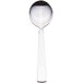 A silver Libbey heavy weight bouillon spoon with a white handle.