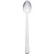 A Libbey stainless steel iced tea spoon with a white handle and silver spoon.