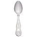 A close-up of a Libbey stainless steel demitasse spoon with an ornate design.