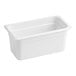 A white Cambro plastic food pan with a lid.