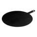 A black round pizza board with a handle.