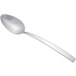 An Arcoroc stainless steel dessert spoon with a silver handle on a white background.