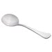 A close-up of a Libbey stainless steel bouillon spoon with a silver handle.