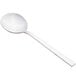 A Libbey Elexa bouillon spoon with a white handle and bowl.