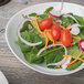 A plate of salad with spinach, tomatoes, onions, and radishes in a Schonwald Grace porcelain bowl.