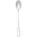 A silver spoon with a black handle on a white background.