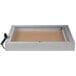 An Aarco satin anodized finish rectangular box with a cork board inside and a key attached to the front.