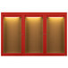 A red Aarco bulletin board cabinet with 3 glass doors and lights.