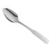 A close-up of a Choice Bellwood stainless steel dinner/dessert spoon with a silver handle.